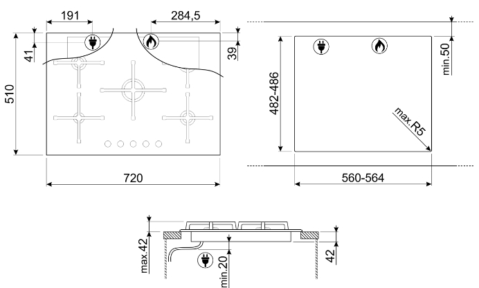 SMEG PV175B3 Газовая варочная панель, 72 см, стекло Deep Black (чёрное), скошенный край